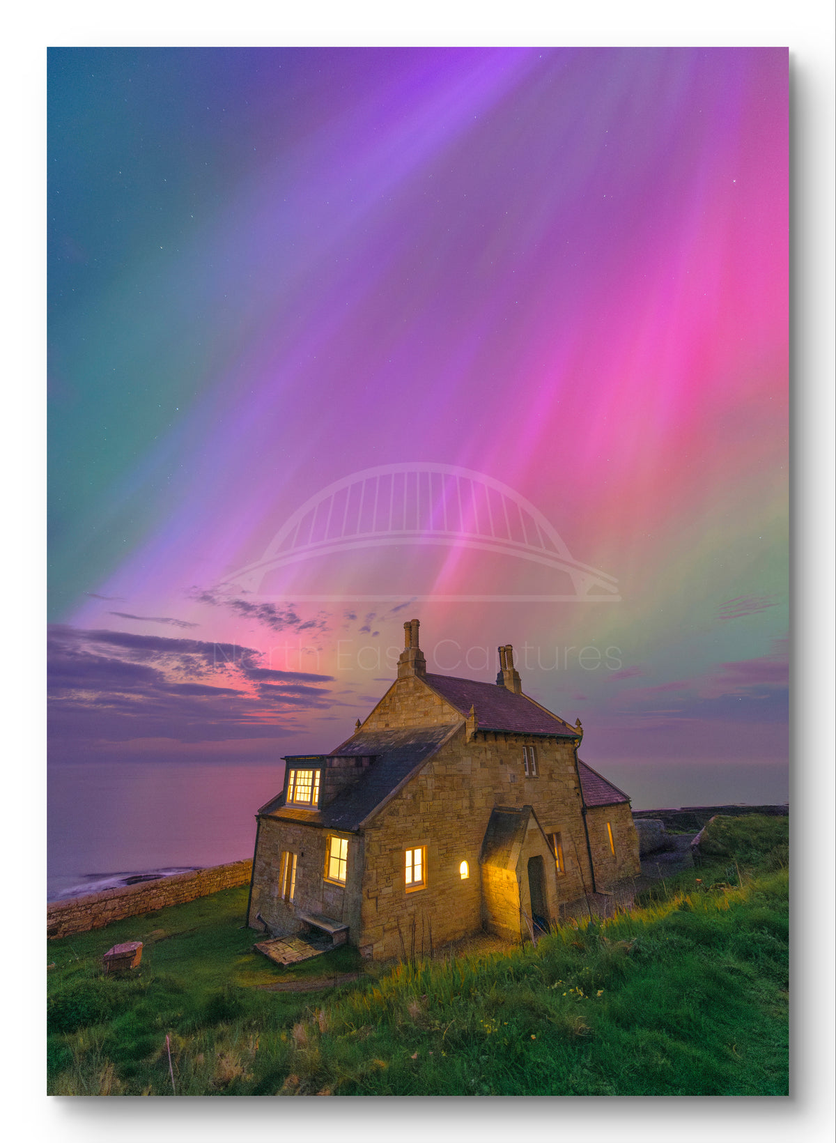 The Bathing House - Northern Lights - Craster - Northumberland shown as a canvas print.