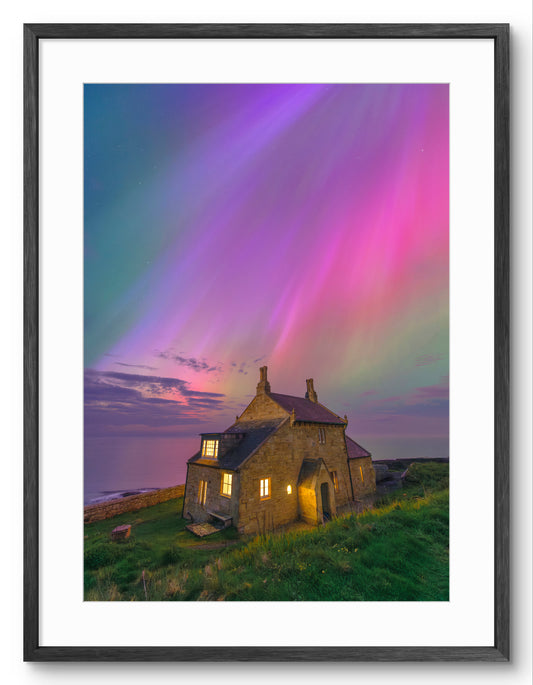 The Bathing House - Northern Lights - Craster - Northumberland shown as a framed photographic print.
