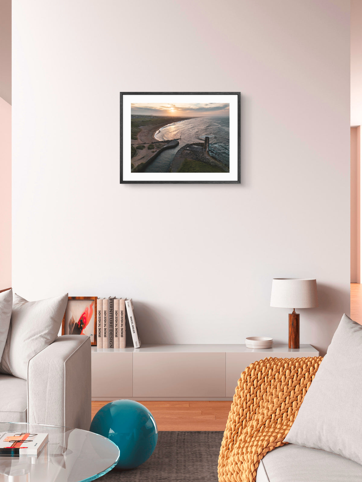 Seaton Sluice Harbour Drone Shot - Seaton Sluice - Northumberland wall art displayed in a styled room setting.