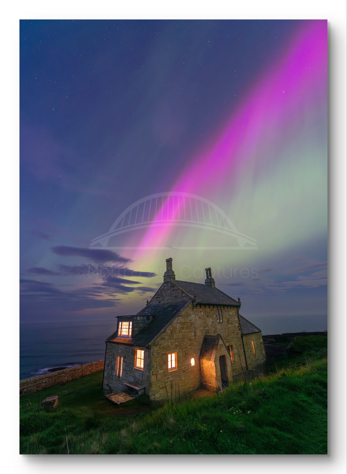 The Bathing House - Aurora Borealis - Craster - Northumberland shown as a canvas print.