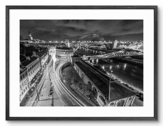 Newcastle Quayside - From the High Level Bridge - Black and White shown as a framed photographic print.
