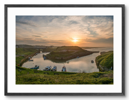 Seaton Sluice Harbour Sunset - Seaton Sluice - Northumberland shown as a framed photographic print.