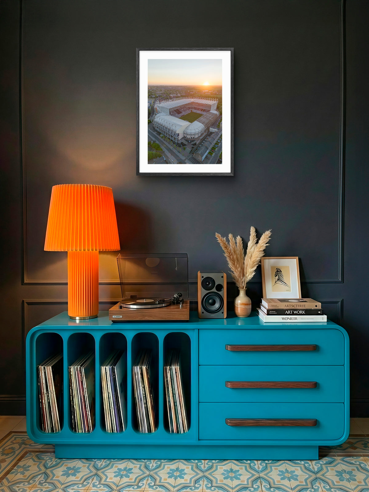 St James' Park Sunset - Newcastle United F.C. - Newcastle Upon Tyne wall art displayed in a styled room setting.