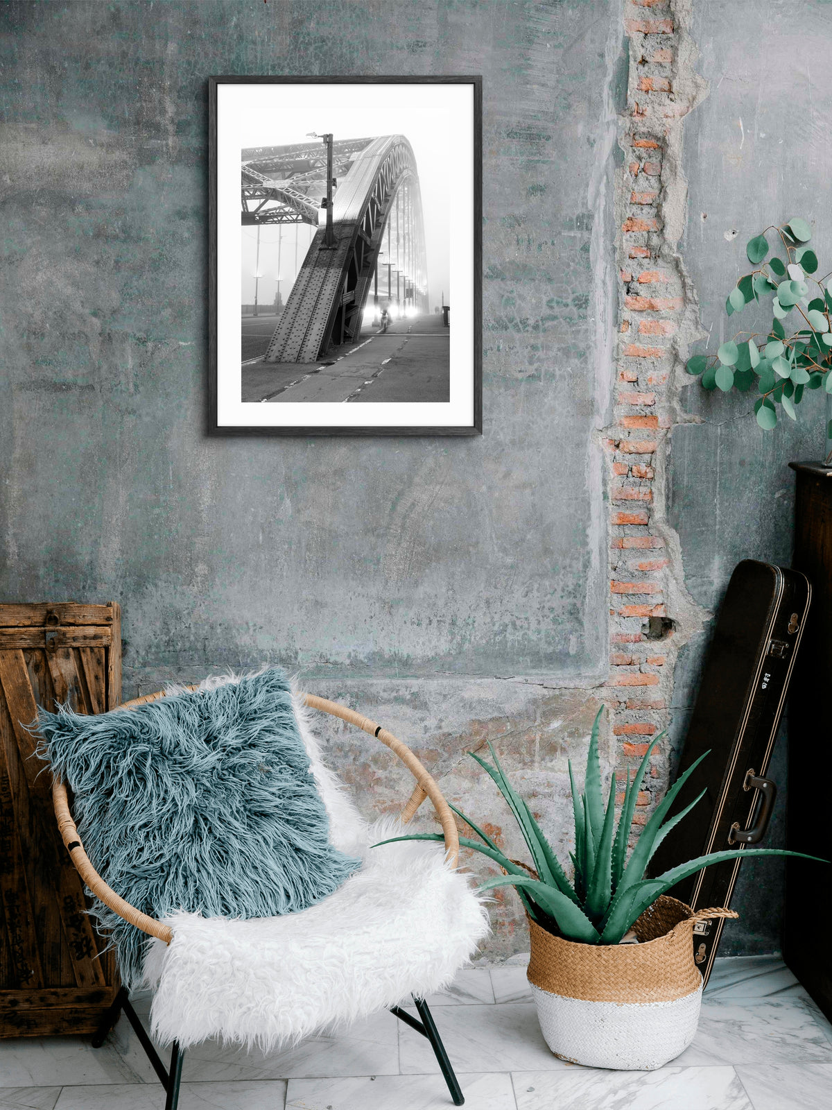 Wearmouth Bridge Surrounded By Fog - Sunderland wall art displayed in a styled room setting.