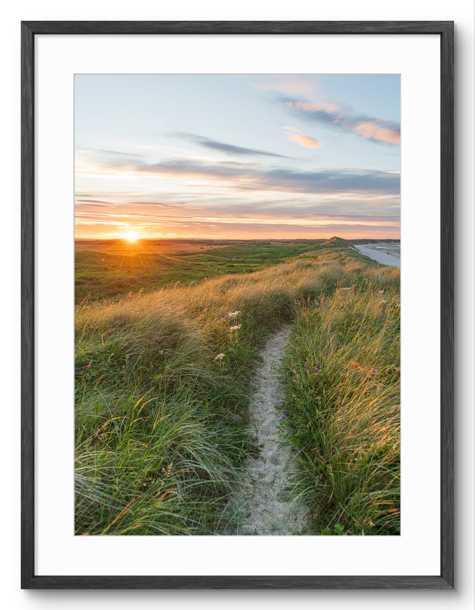 Sand dune sunset at Druridge Bay shown as a framed photographic print.