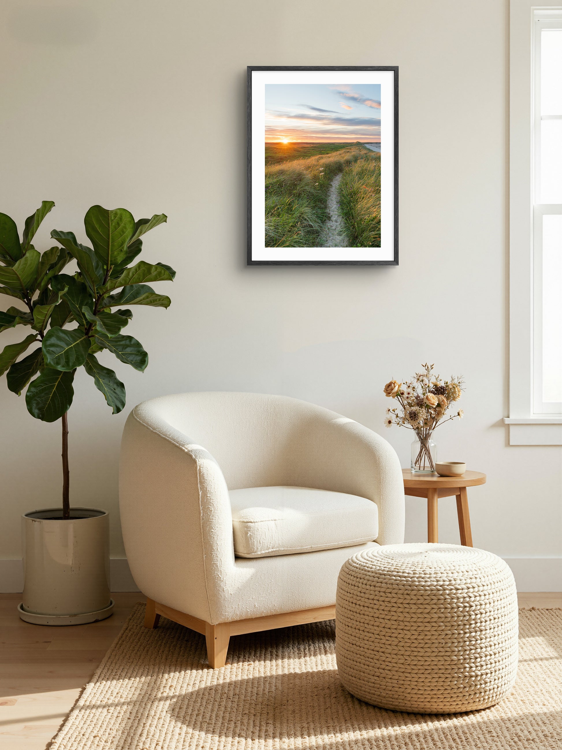 Sand dune sunset at Druridge Bay wall art displayed in a styled room setting.