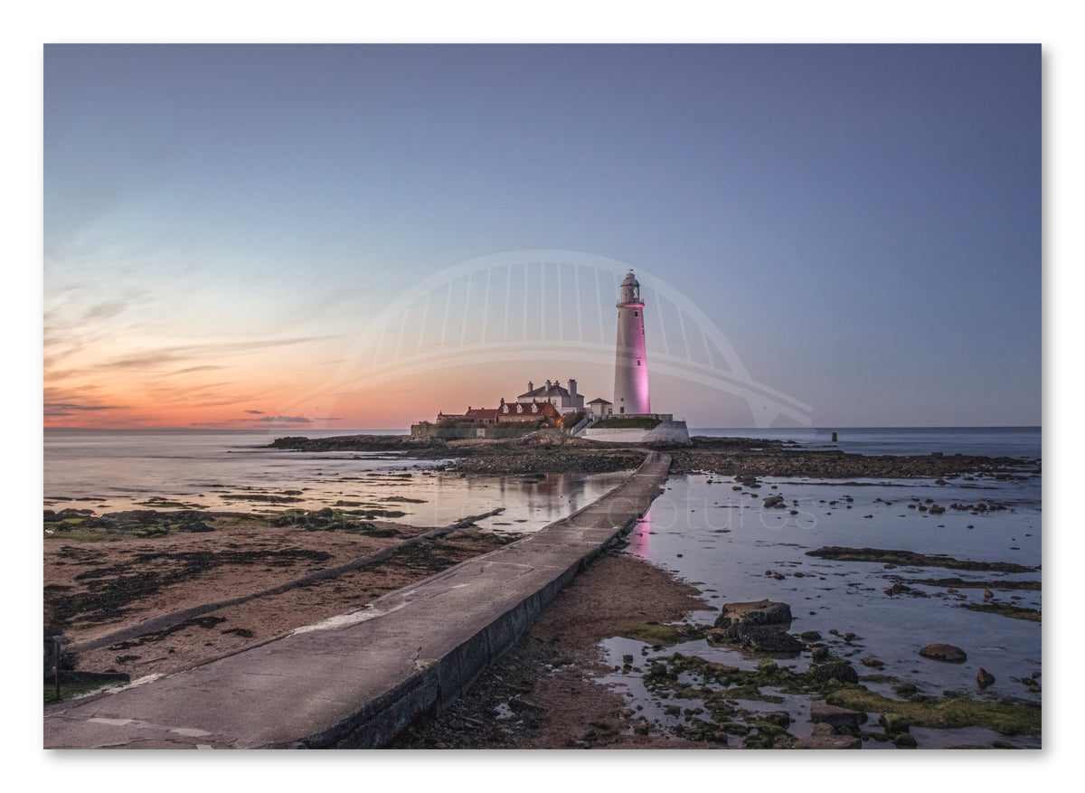 St Mary's Lighthouse - Causeway - Sunset - Whitley Bay shown as a canvas print.