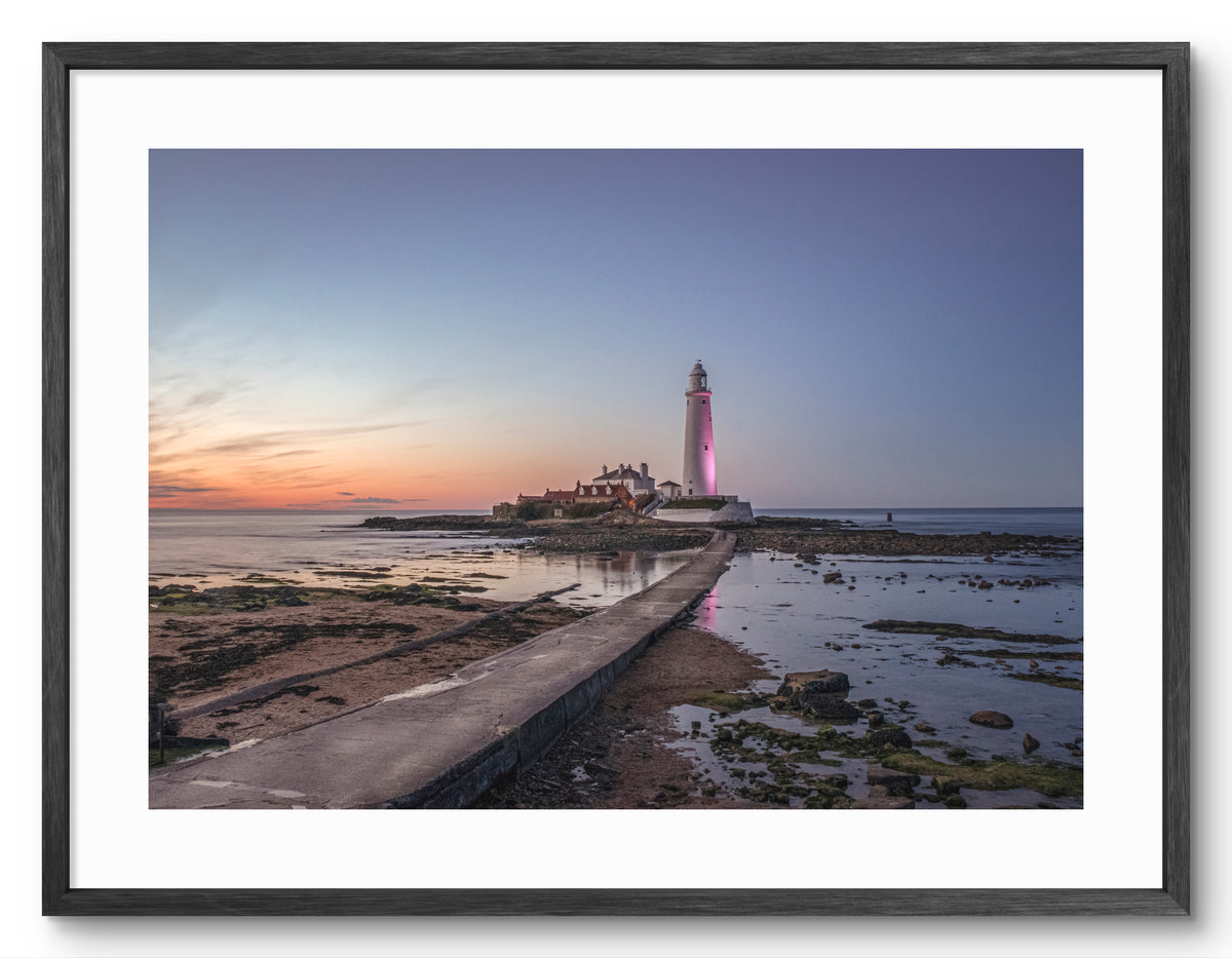 St Mary's Lighthouse - Causeway - Sunset - Whitley Bay shown as a framed photographic print.