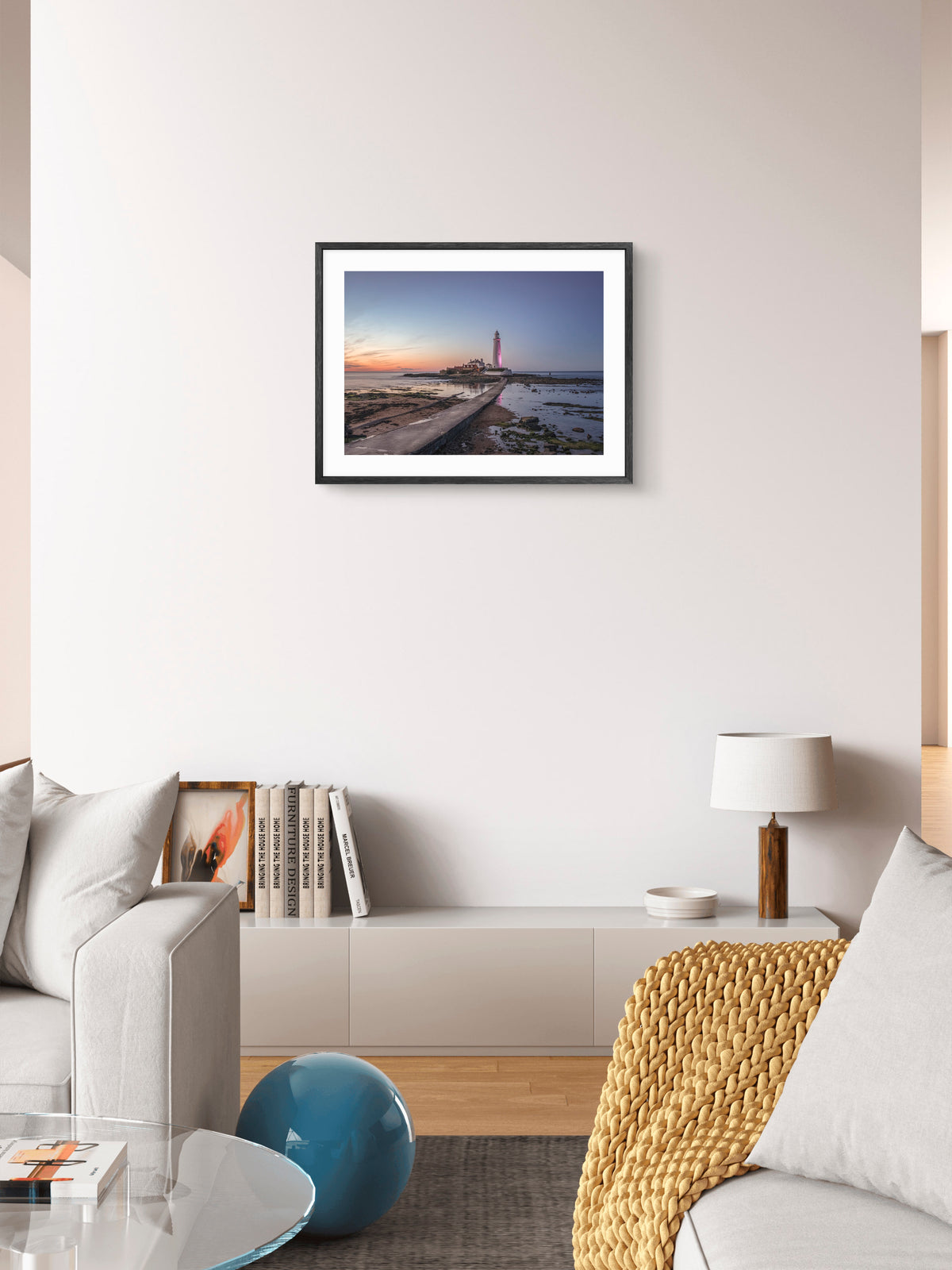 St Mary's Lighthouse - Causeway - Sunset - Whitley Bay wall art displayed in a styled room setting.