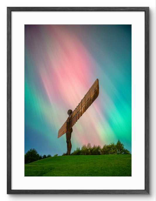 The Angel of the North Northern Lights - Aurora Borealis - Gateshead shown as a framed photographic print.