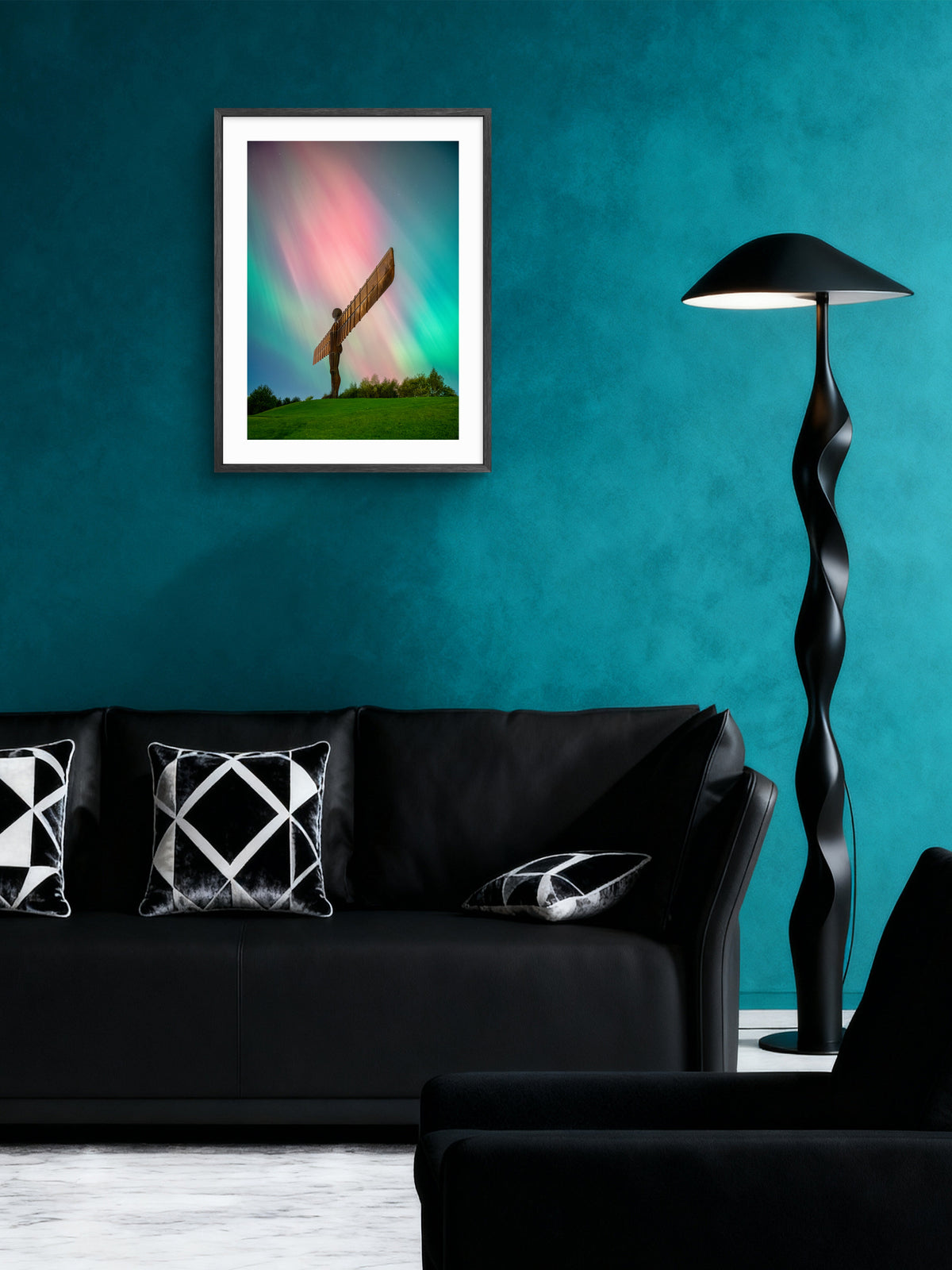 The Angel of the North Northern Lights - Aurora Borealis - Gateshead wall art displayed in a styled room setting.