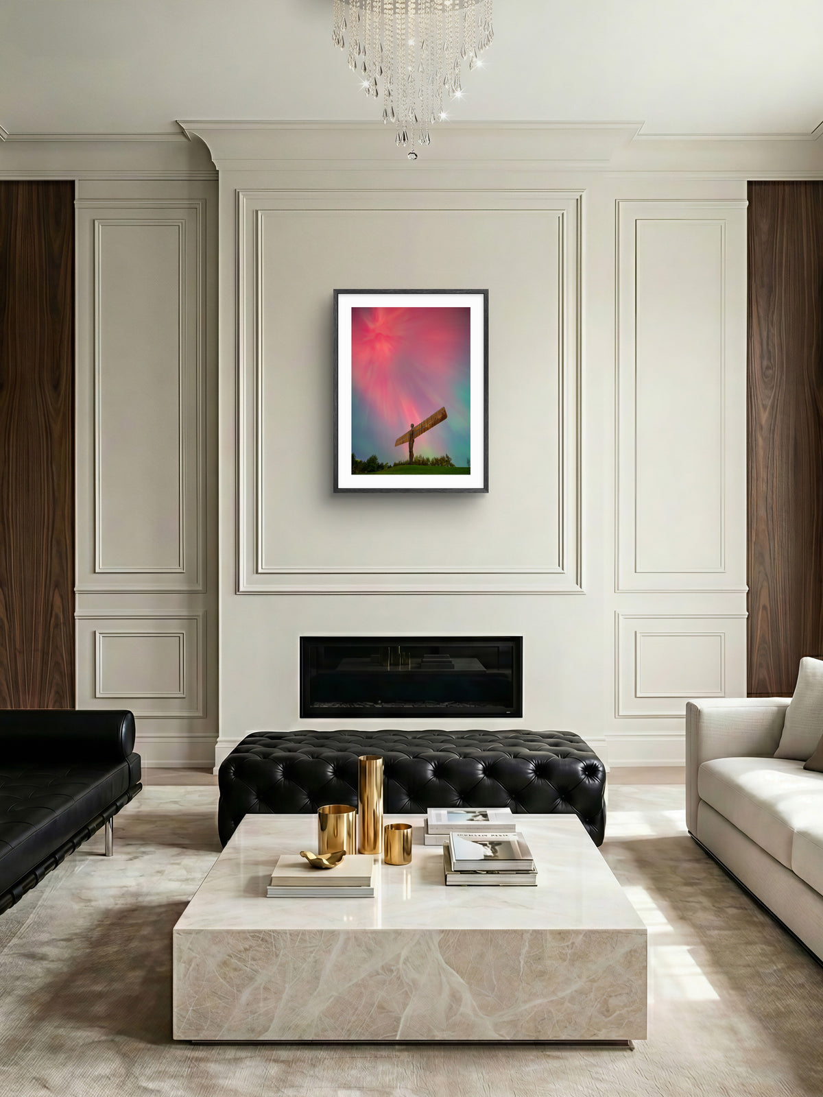The Angel of the North - Northern Lights - Aurora Borealis - North East England wall art displayed in a styled room setting.