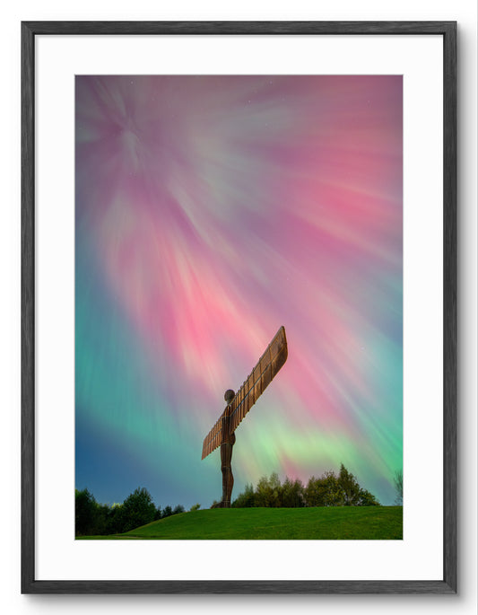 The Angel of the North - Aurora Borealis - Northern Lights North East England shown as a framed photographic print.