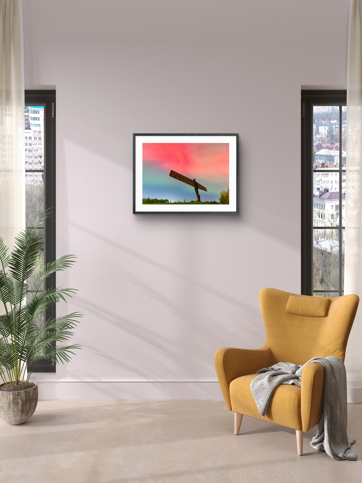 The Angel of the North Gateshead - Northern Lights - Aurora Print wall art displayed in a styled room setting.