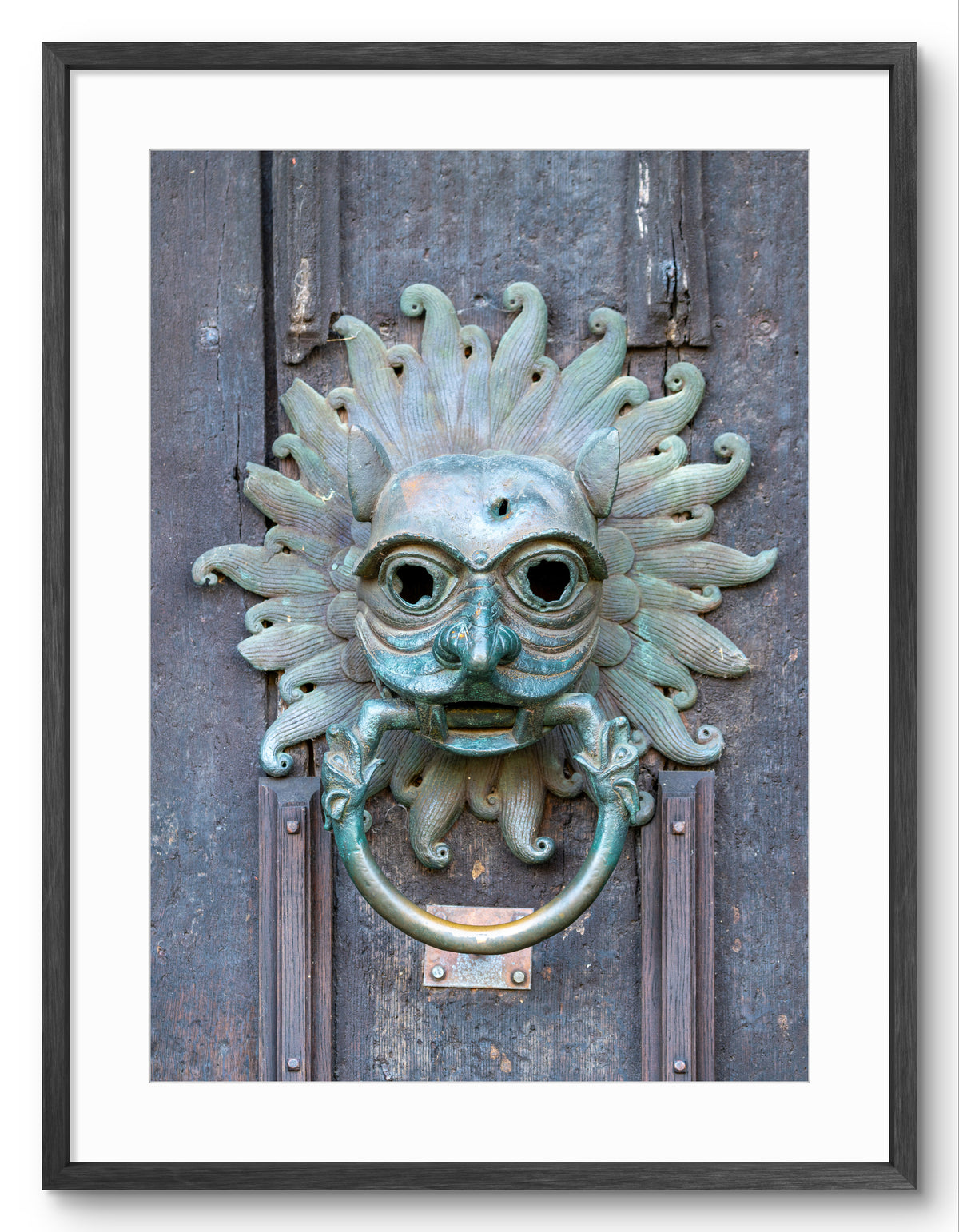 Sanctuary Knocker - Durham Cathedral - North Door shown as a framed photographic print.