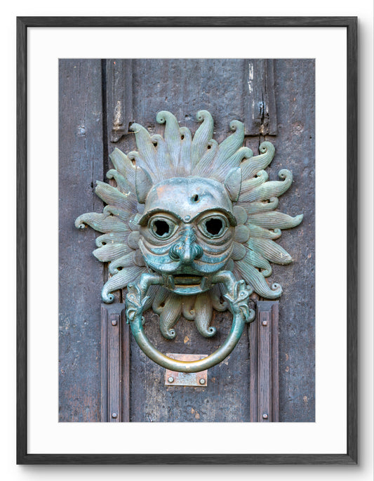 Sanctuary Knocker - Durham Cathedral - North Door shown as a framed photographic print.