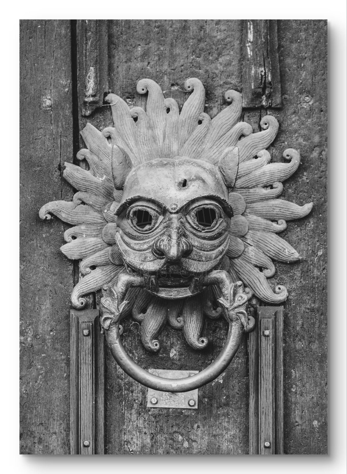 Sanctuary Knocker Black and White - Durham Cathedral - North Door shown as a canvas print.