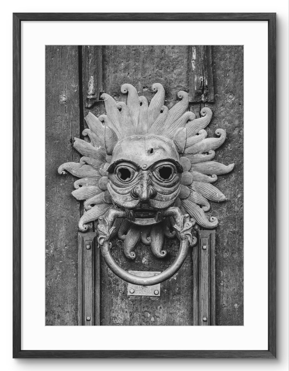 Sanctuary Knocker Black and White - Durham Cathedral - North Door shown as a framed photographic print.