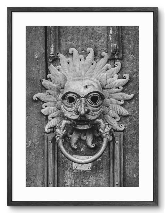 Sanctuary Knocker Black and White - Durham Cathedral - North Door shown as a framed photographic print.