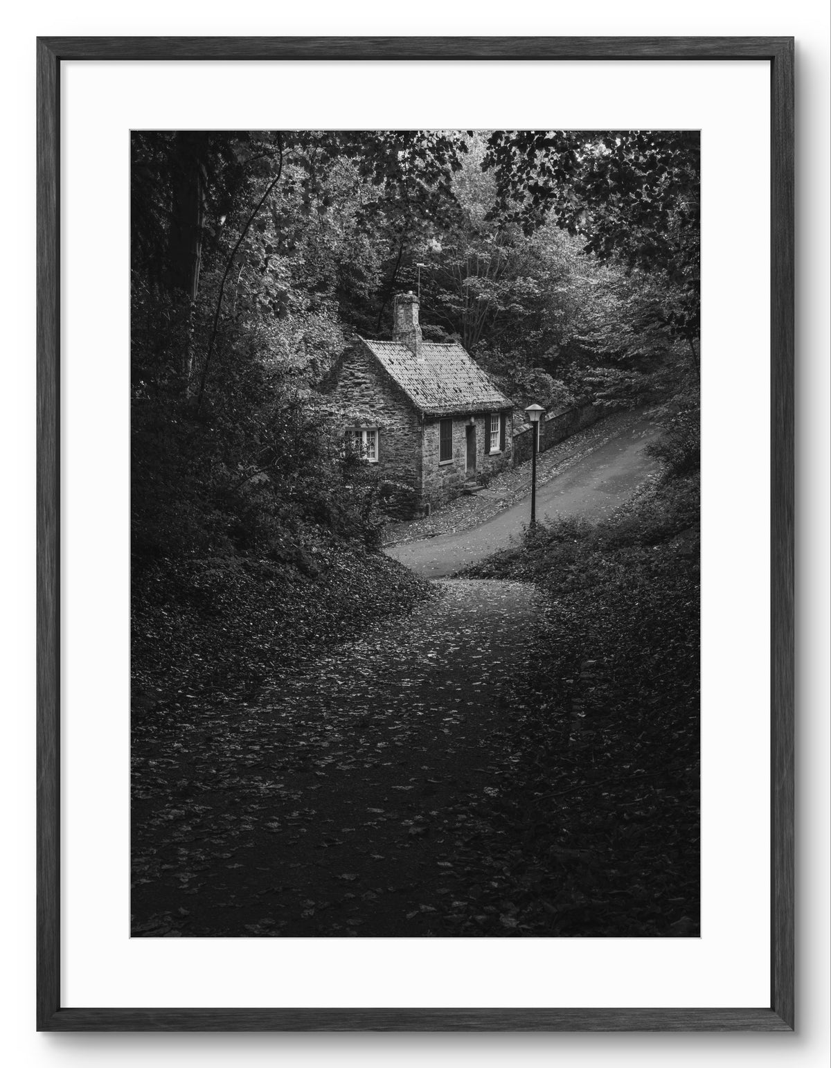 Prebends Cottage Black and White - Durham City - Prebends Bridge shown as a framed photographic print.