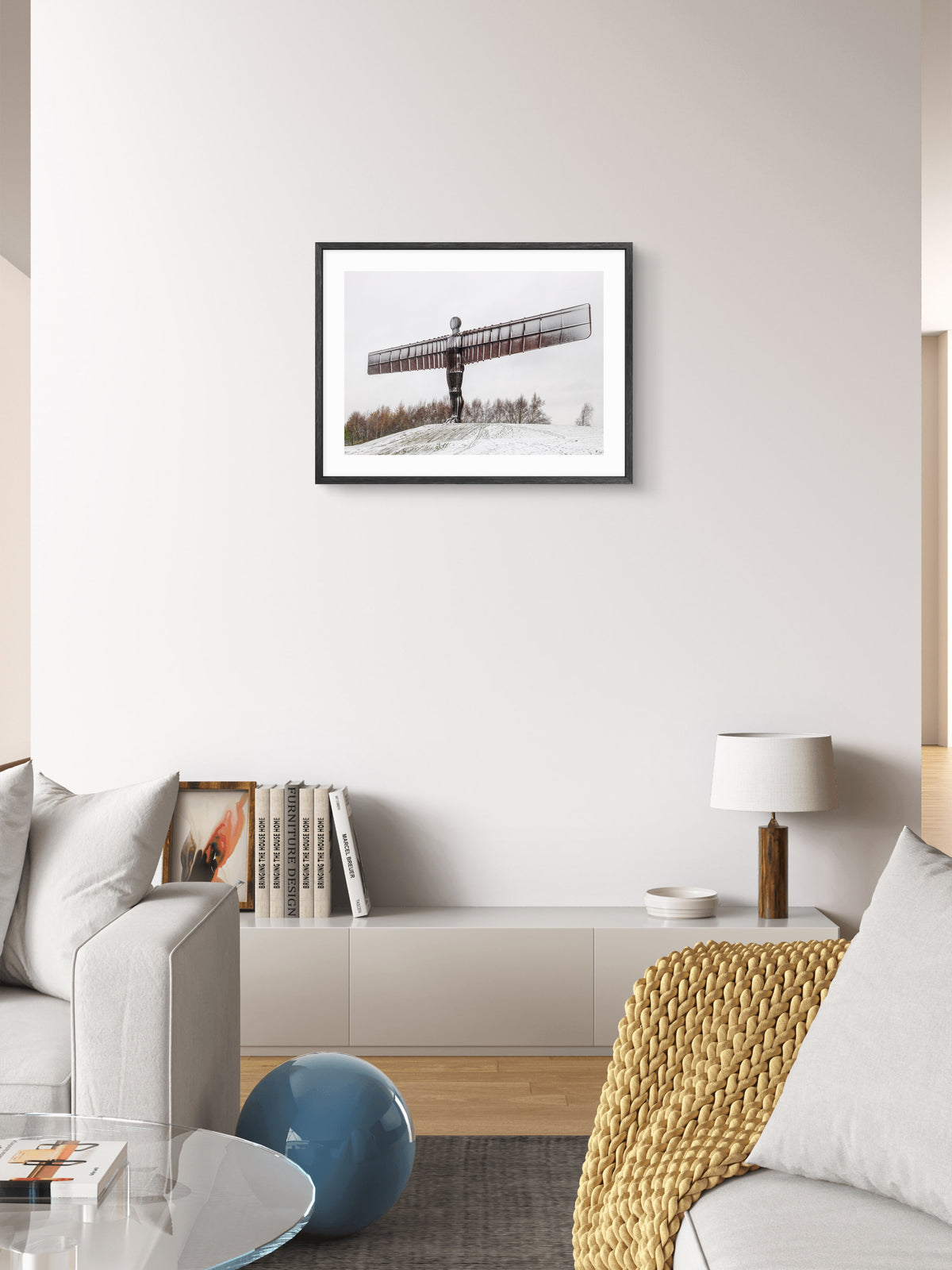 The Angel of the North - Winter - Gateshead wall art displayed in a styled room setting.