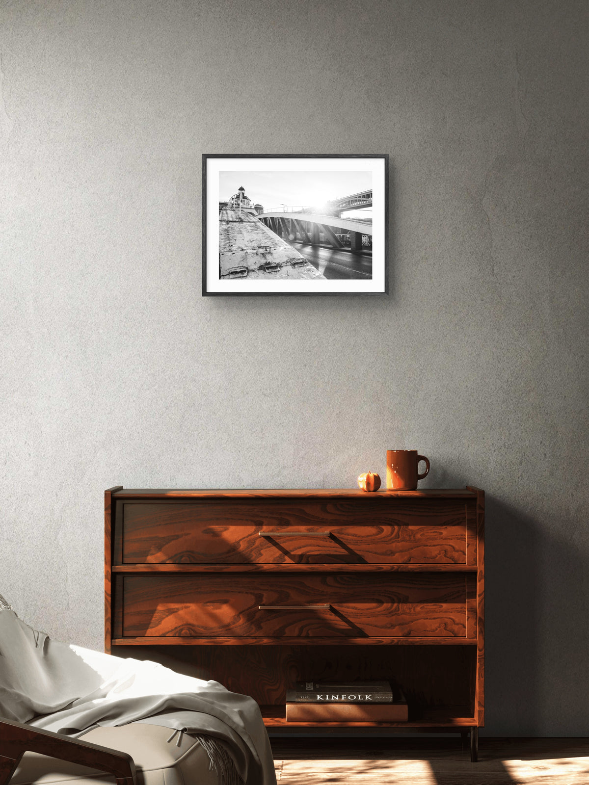 Swing Bridge - Newcastle Gateshead - River Tyne wall art displayed in a styled room setting.