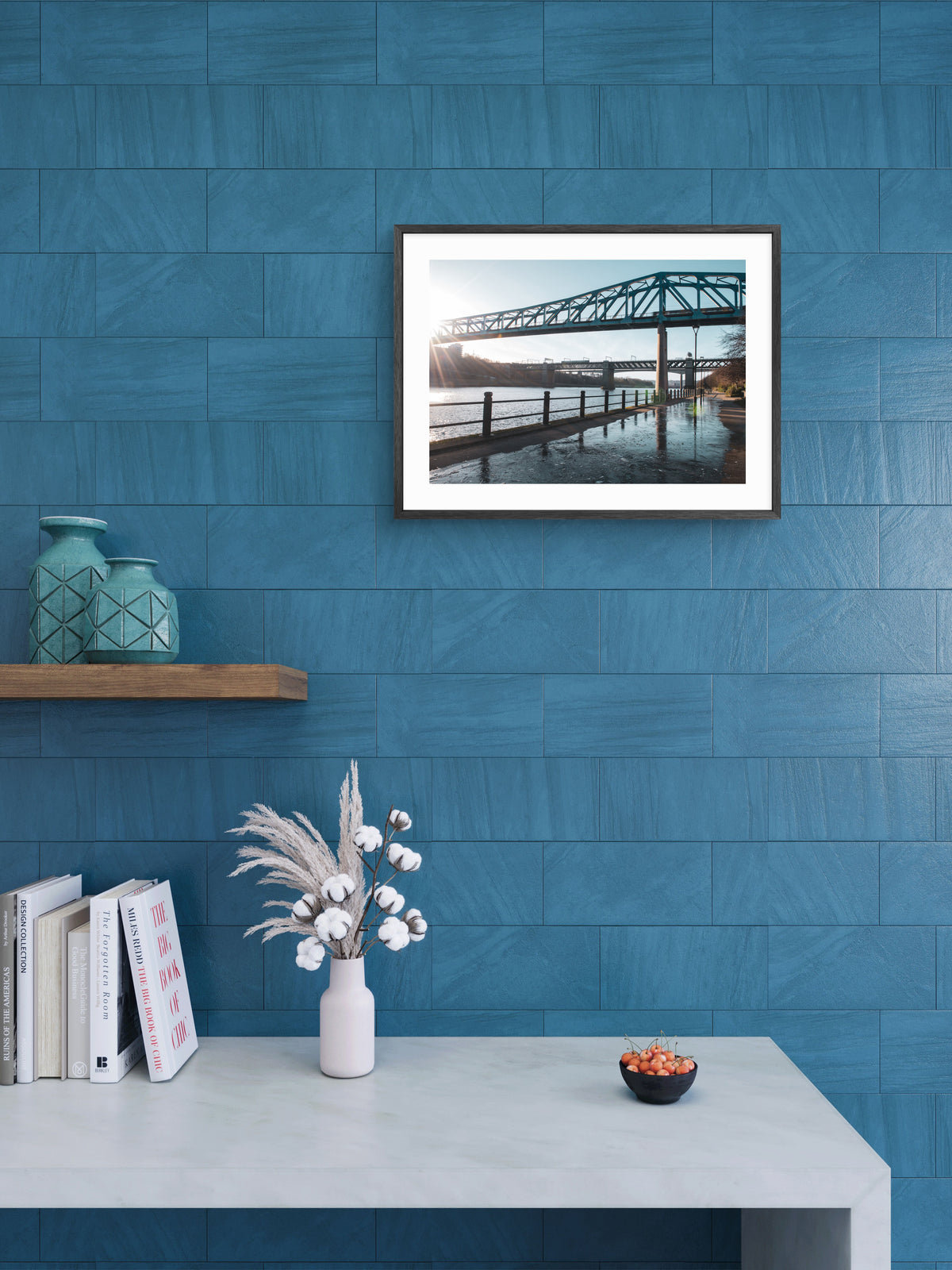 Metro Bridge - Queen Elizabeth Bridge - Newcastle Gateshead wall art displayed in a styled room setting.