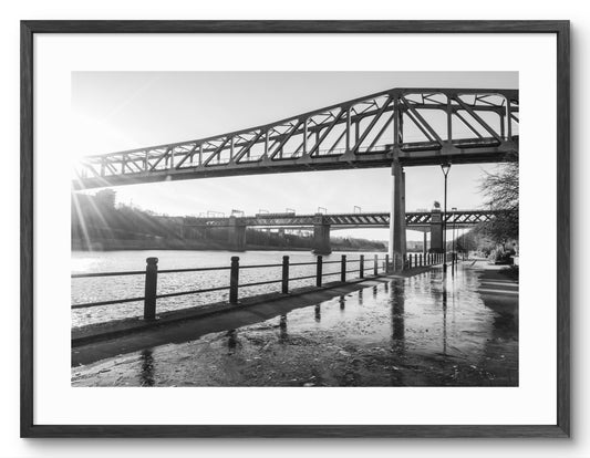 Metro Bridge Newcastle - Queen Elizabeth II Bridge - Black and White shown as a framed photographic print.