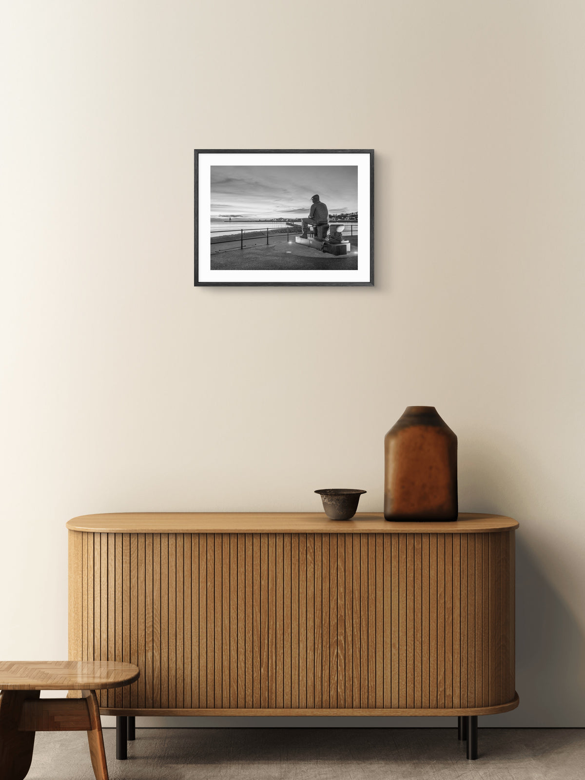Fiddler's Green Sunrise - North Shields - Black and White wall art displayed in a styled room setting.