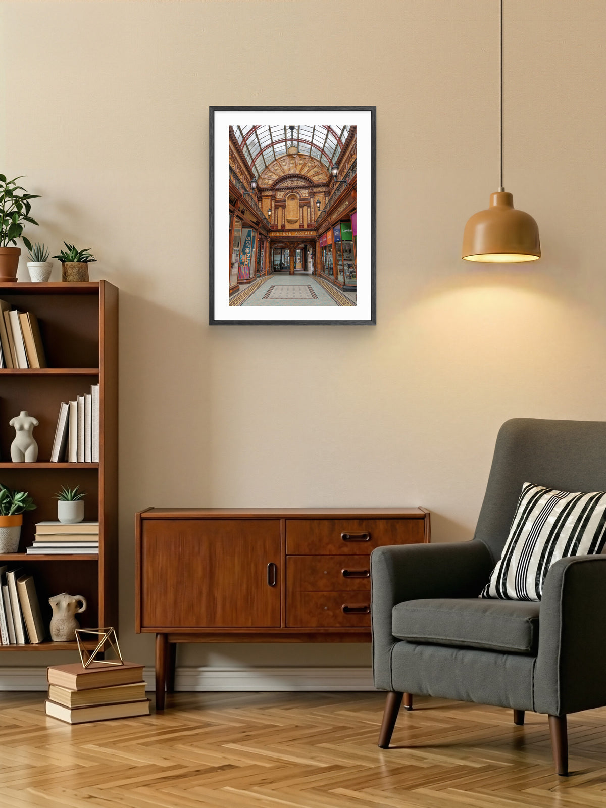 Central Arcade in Newcastle wall art displayed in a styled room setting.