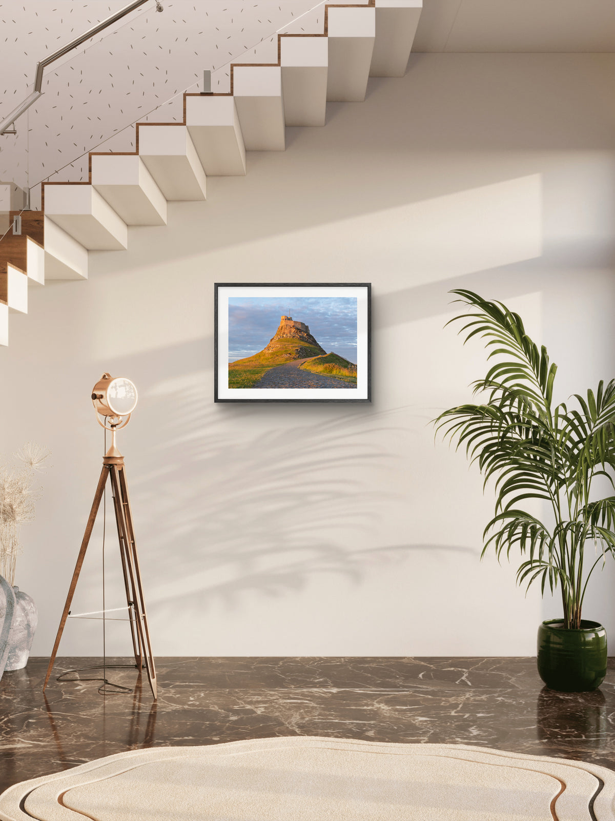 Lindisfarne Castle Sunset Print | Holy Island Northumberland wall art displayed in a styled room setting.