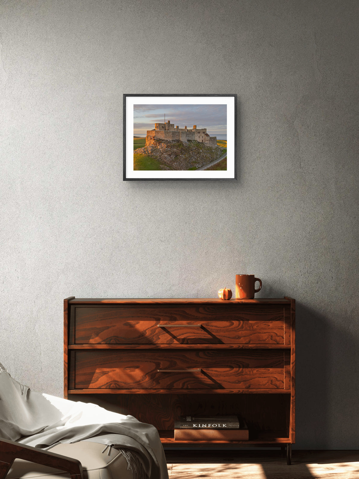 Lindisfarne Castle Sunset Print | Northumberland Wall Art wall art displayed in a styled room setting.
