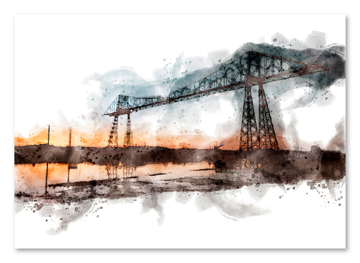Tees Transporter Bridge Sunset - Digital Watercolour - Middlesbrough - Teesside