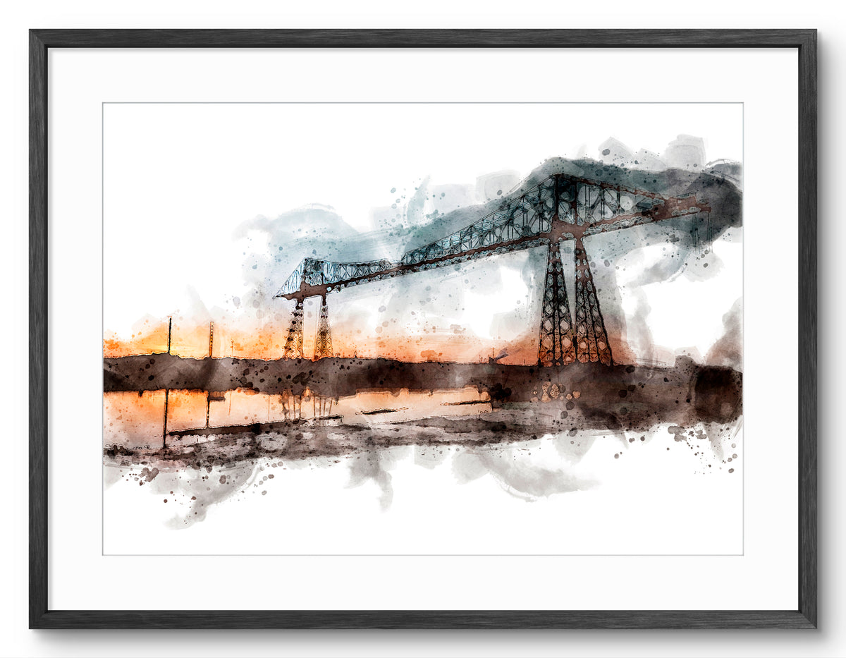 Tees Transporter Bridge Sunset - Digital Watercolour - Middlesbrough - Teesside