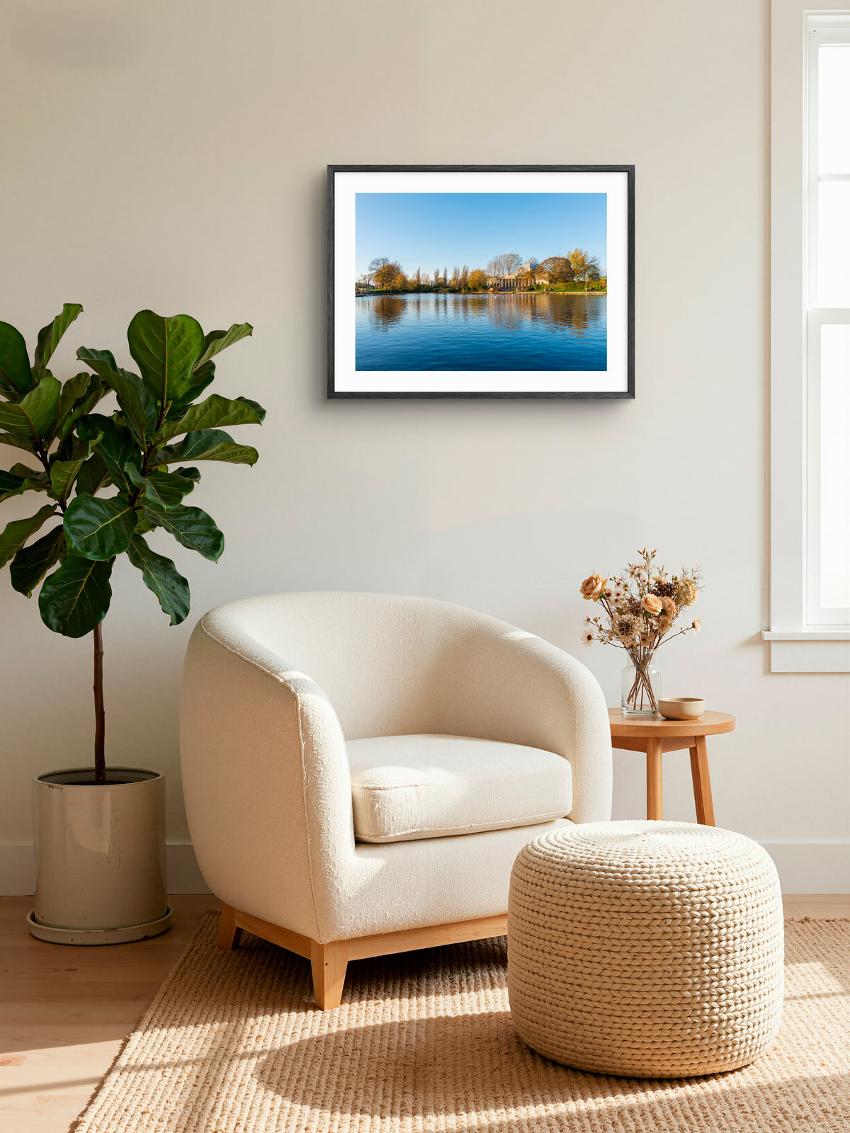 Exhibition Park - Wylam Brewery Lake Reflections - Newcastle wall art displayed in a styled room setting.