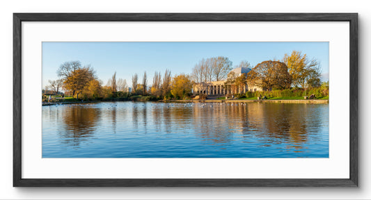 Wylam Brewery & Boating Lake panoramic print — black frame and white mount