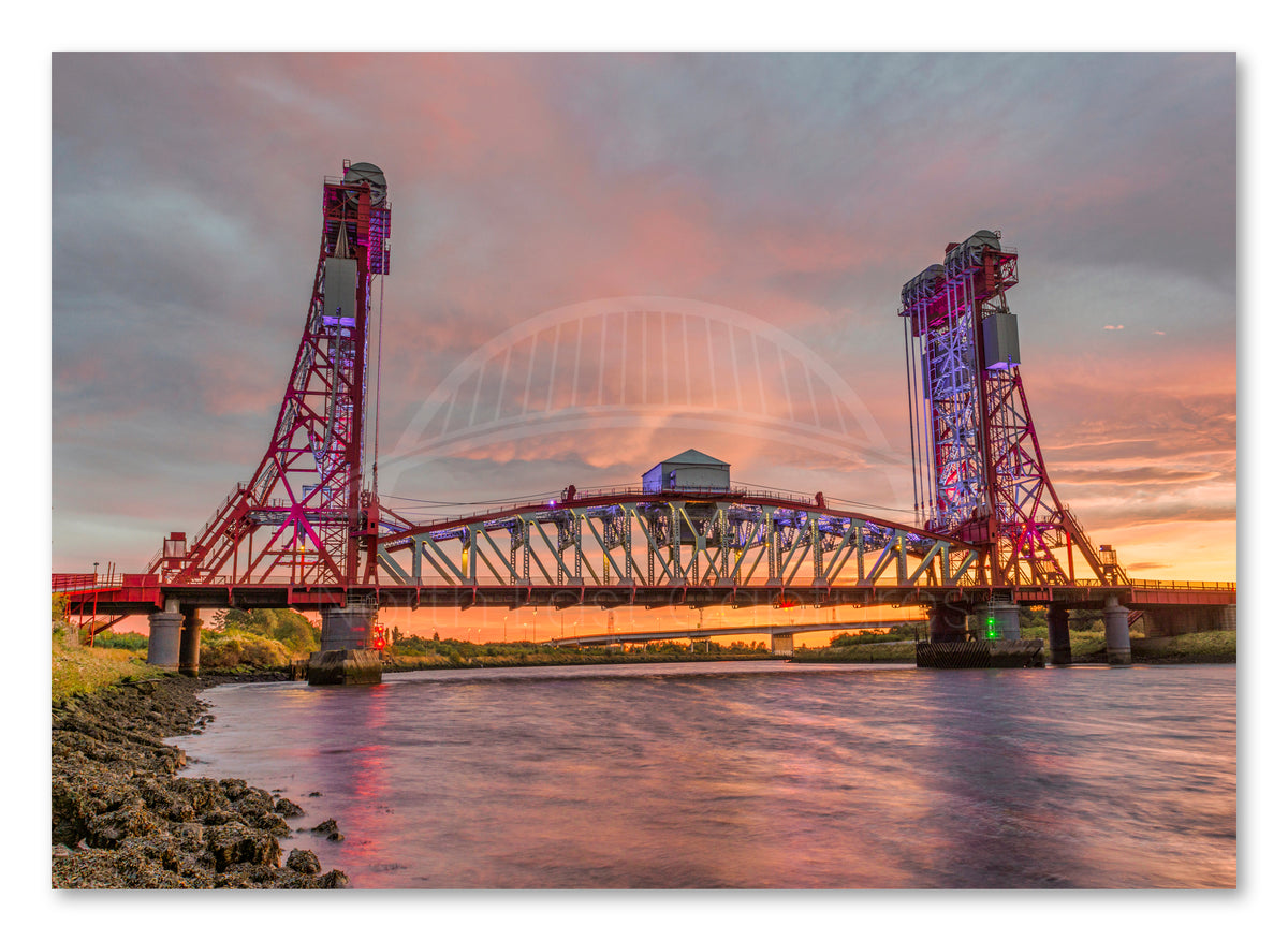 Tees Newport Bridge - Sunset - River Tees -Teesside shown as a canvas print.