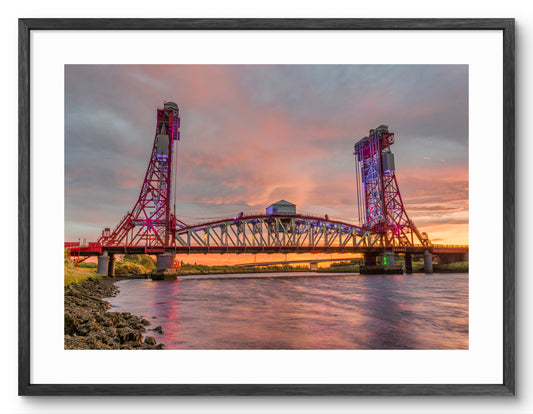 Tees Newport Bridge - Sunset - River Tees -Teesside shown as a framed photographic print.