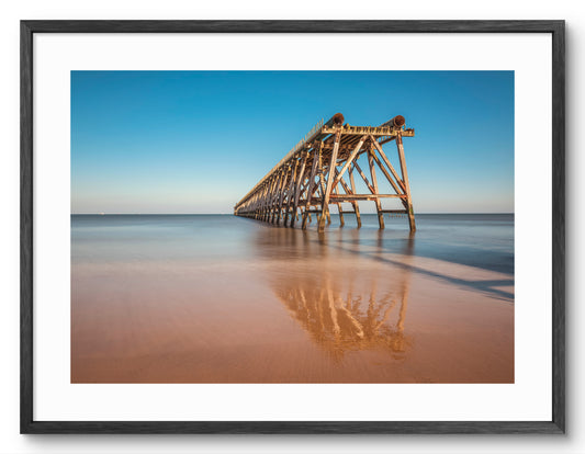 Steetley Pier - Sand Reflections - Hartlepool - Teesside shown as a framed photographic print.