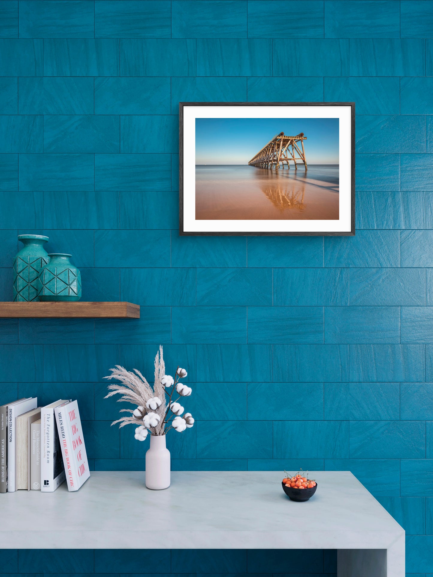 Steetley Pier - Sand Reflections - Hartlepool - Teesside wall art displayed in a styled room setting.