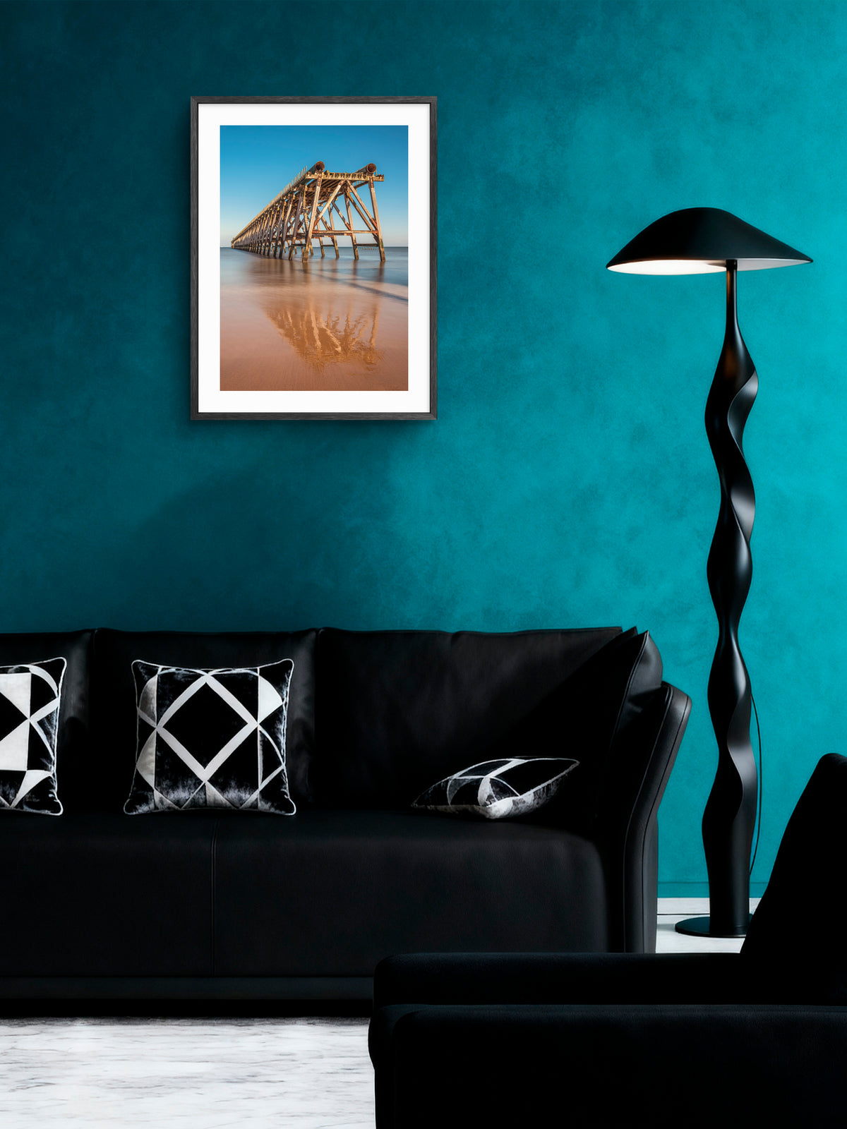 Steetley Pier - Sand Reflections - Hartlepool - Teesside wall art displayed in a styled room setting.