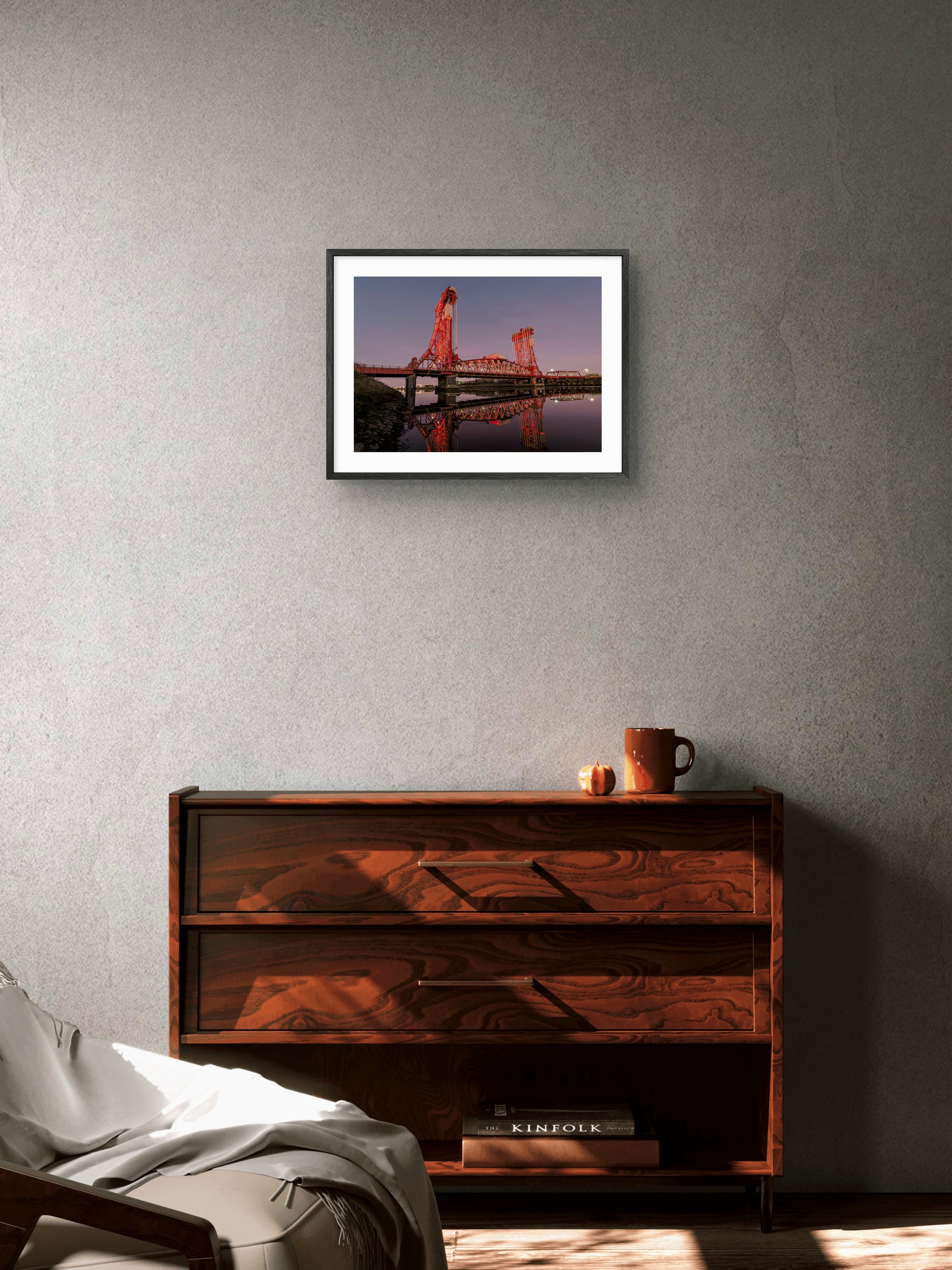 Tees Newport Bridge - River Tees - Teesside wall art displayed in a styled room setting.