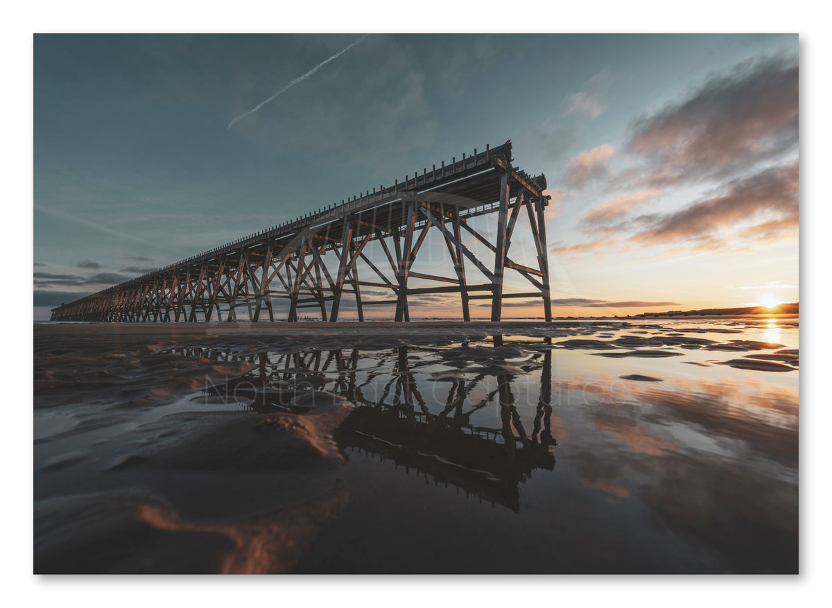 Steetley Pier - Sunrise Beach Reflections - Hartlepool - Teesside shown as a canvas print.