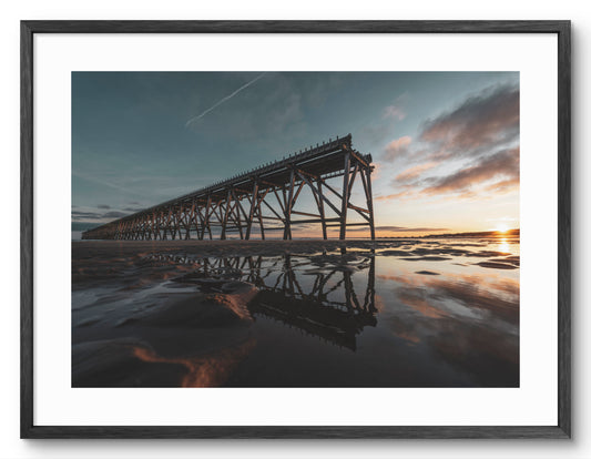 Steetley Pier - Sunrise Beach Reflections - Hartlepool - Teesside shown as a framed photographic print.