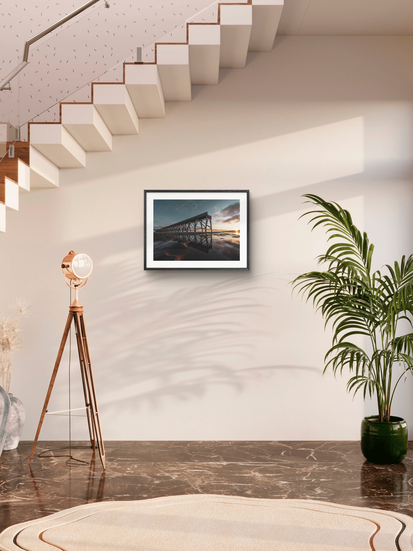 Steetley Pier - Sunrise Beach Reflections - Hartlepool - Teesside wall art displayed in a styled room setting.