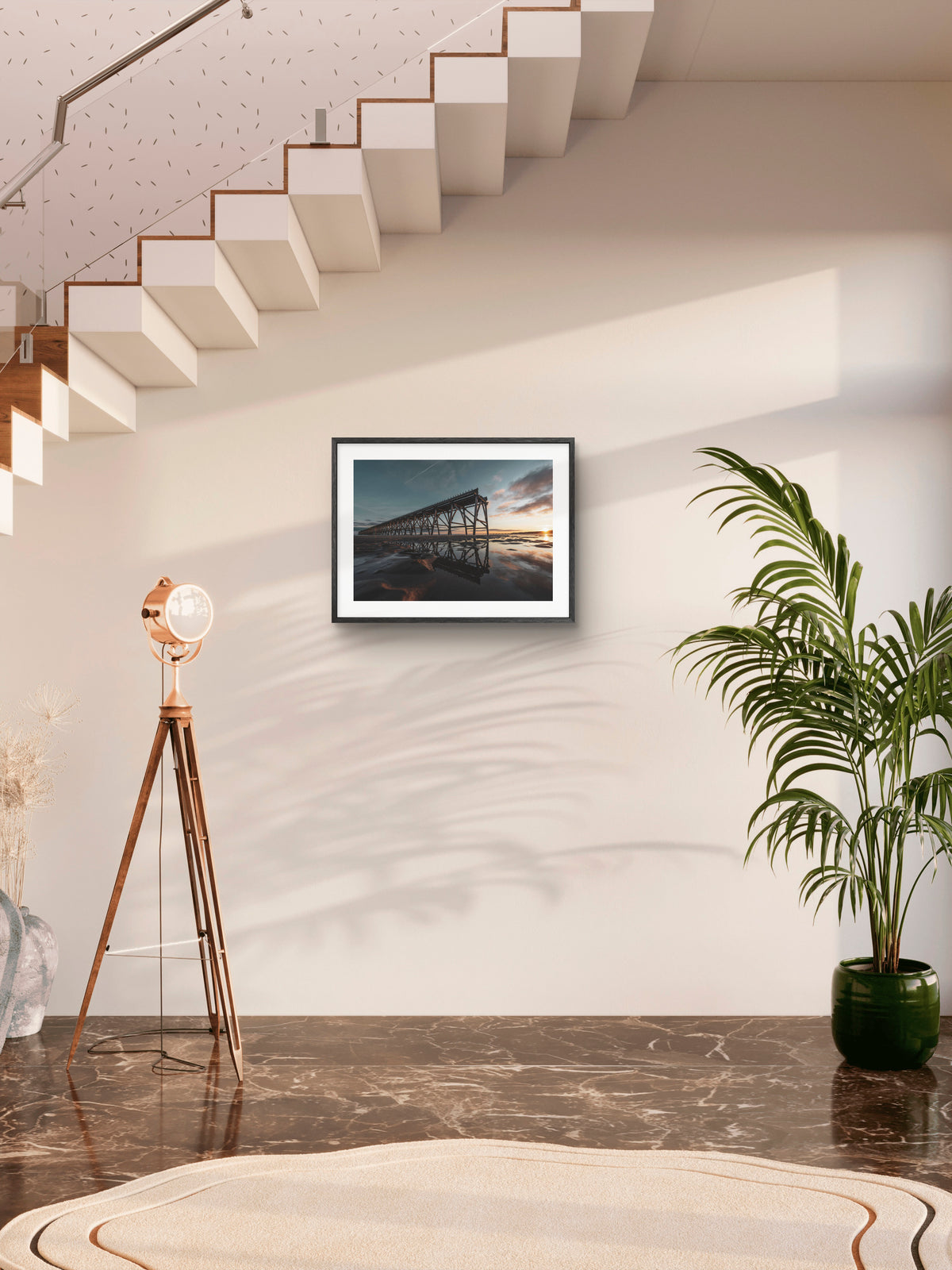 Steetley Pier - Sunrise Beach Reflections - Hartlepool - Teesside wall art displayed in a styled room setting.