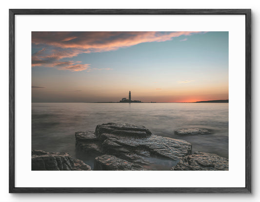 St Mary's Lighthouse - Sunrise - Whitley Bay - North Tyneside shown as a framed photographic print.