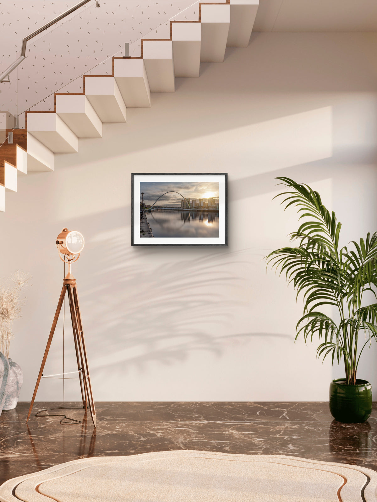 Millennium Bridge Gateshead - Golden Sunrise - Gateshead wall art displayed in a styled room setting.