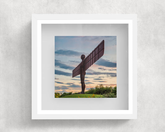 The Angel of the North ceramic tile displayed in a box frame.