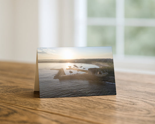 Beadnell Harbour Aerial blank A5 greetings card, Northumberland, by North East Captures